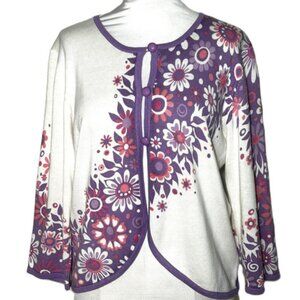 NEW Bob Mackie Wearable Art Cardigan Sweater Cream w Light Purple Flowers Medium